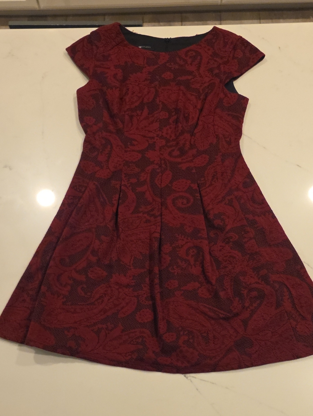 AB Studio Black and Burgundy Floral Textured Fit & Flare Dress